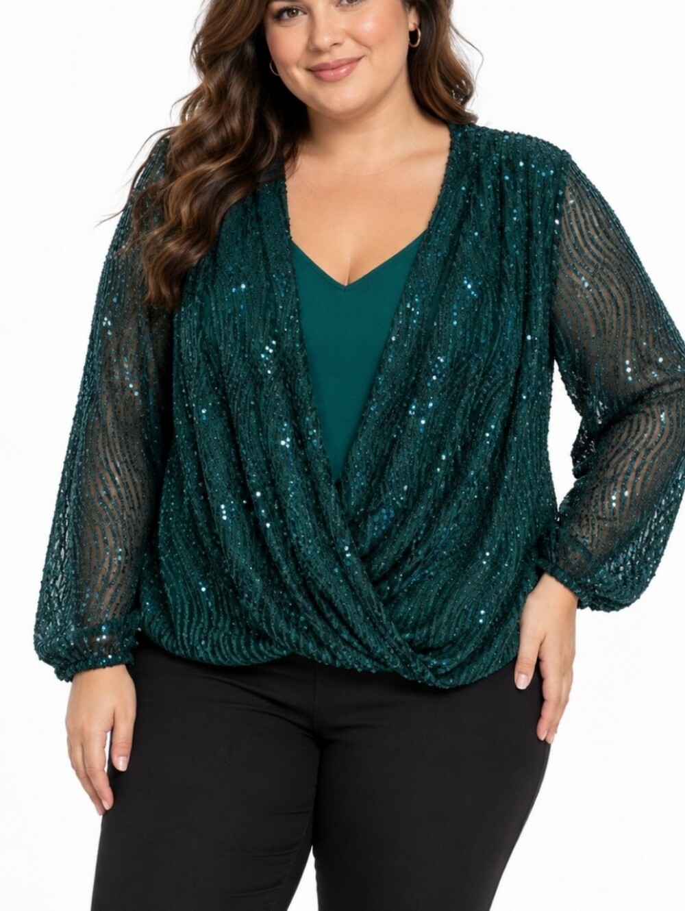 Haver & Blair London Plus Size 1X Emerald Green Sequin Sheer Sleeve Blouse